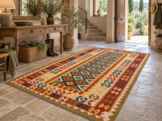 Kilim afghan moderne 147 × 262 cm - Motifs Losanges - Ma boutique