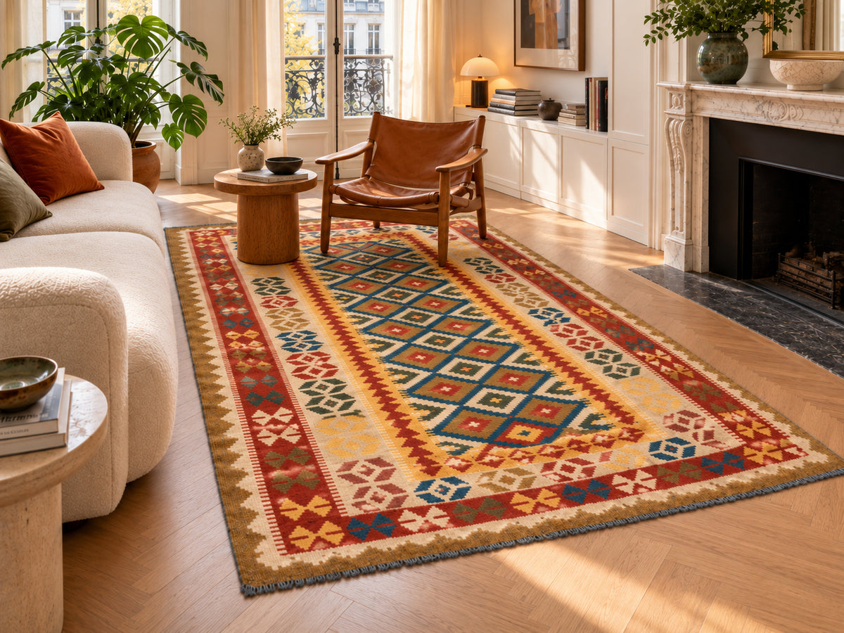 Kilim afghan moderne 147 × 262 cm - Motifs Losanges
