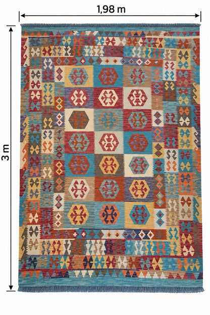 Kilim en laine tissé main turquoise/jaune 198 X 300 cm