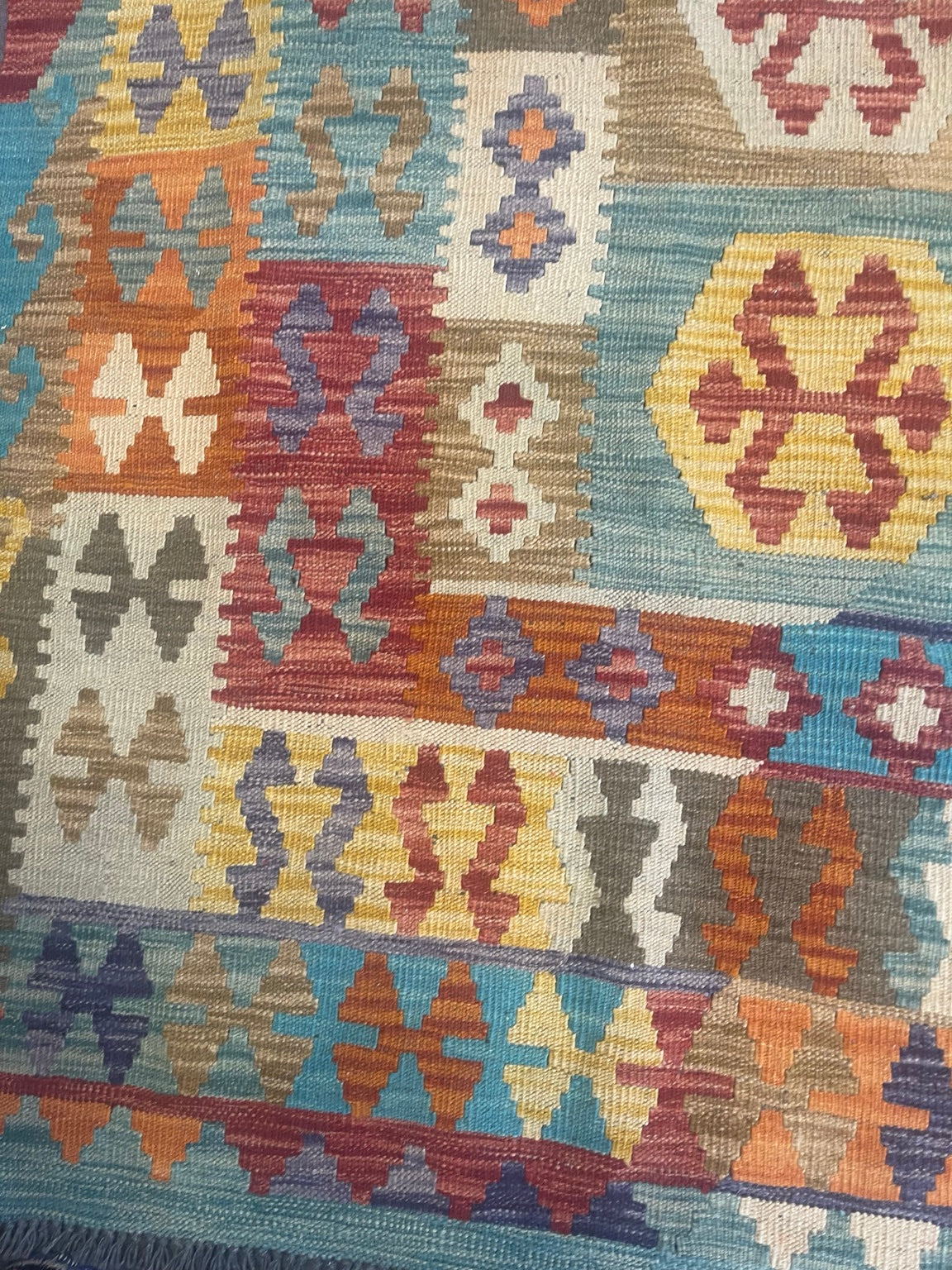 Kilim en laine tissé main turquoise/jaune 198 X 300 cm