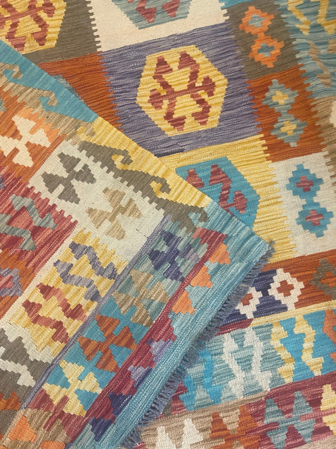 Kilim en laine tissé main turquoise/jaune 198 X 300 cm