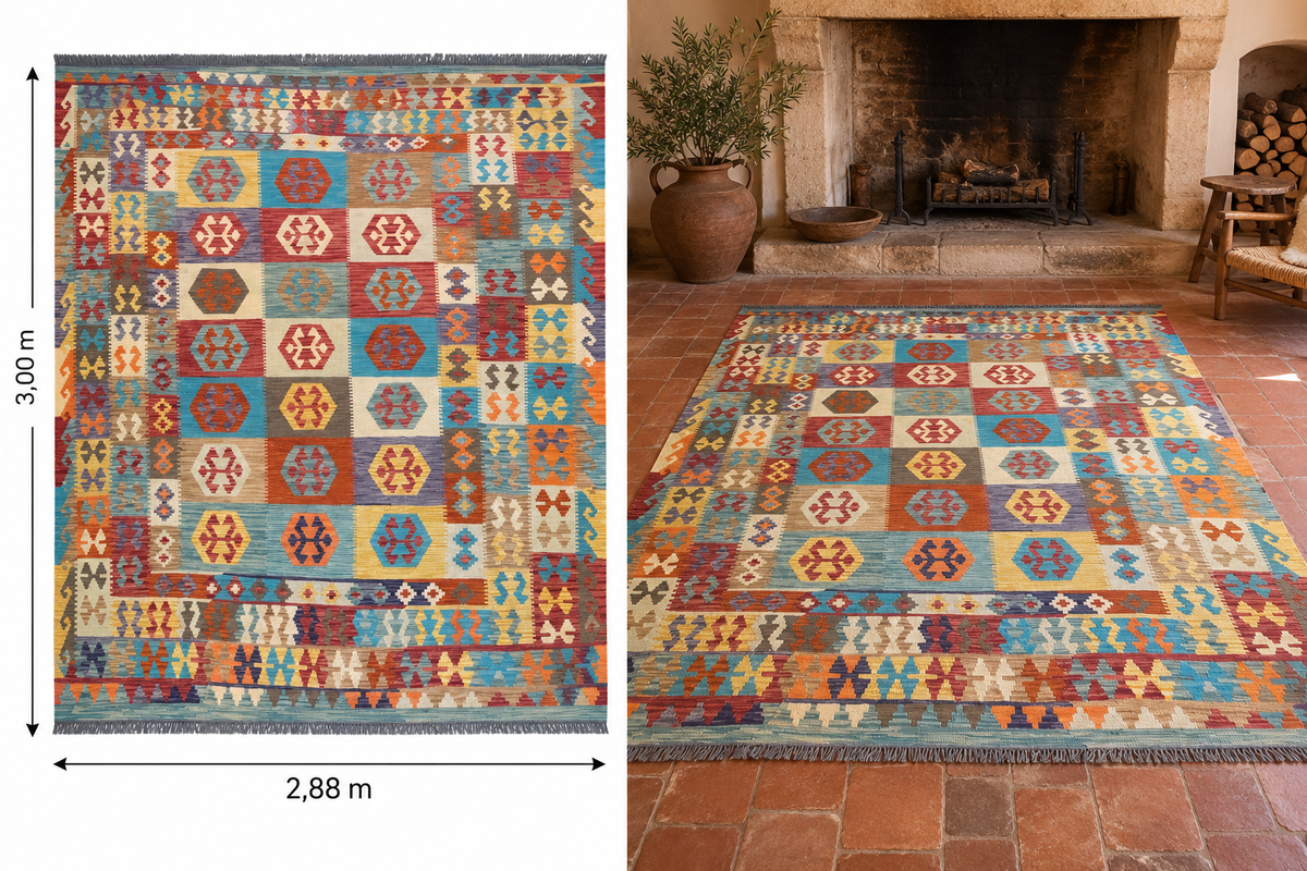 Kilim en laine tissé main turquoise/jaune 198 X 300 cm
