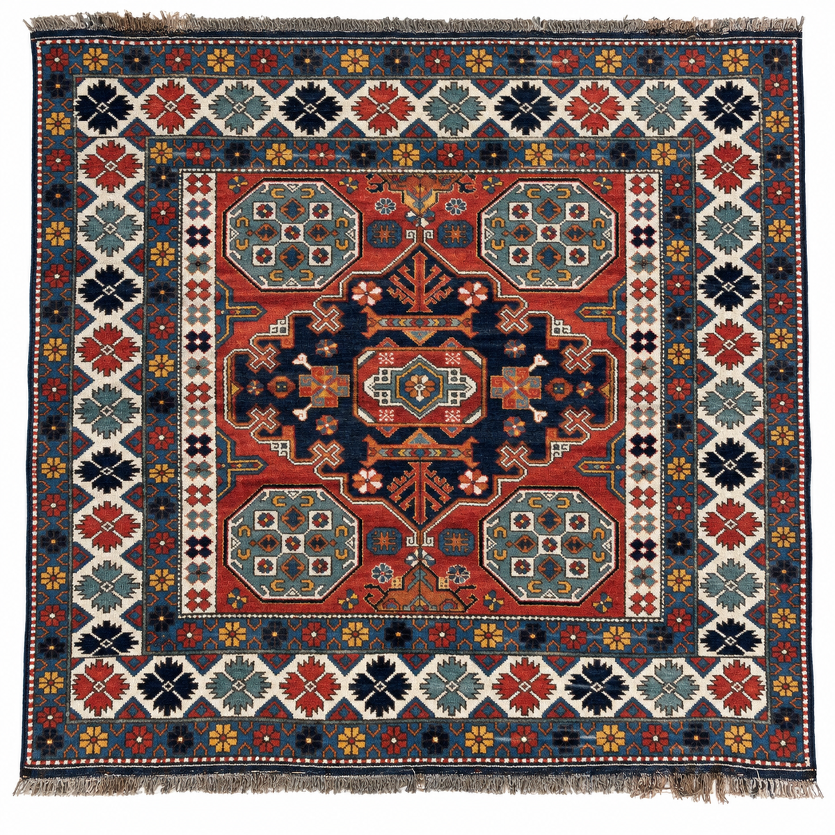 Tapis Caucasien Carré – fait main en laine – 150 x 160 cm