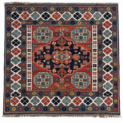 Tapis Caucasien Carré – fait main en laine – 150 x 160 cm