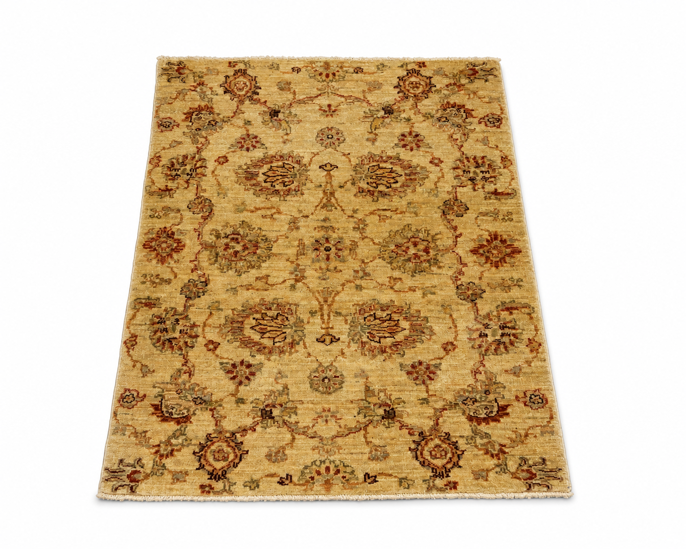 Tapis pakistanais en laine – Motifs floraux sur fond beige – 117 × 79 cm