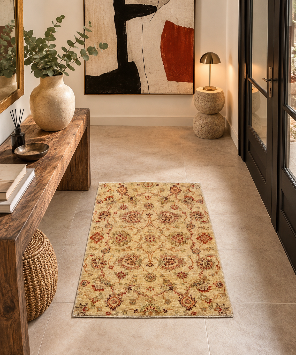 Tapis pakistanais en laine – Motifs floraux sur fond beige – 117 × 79 cm