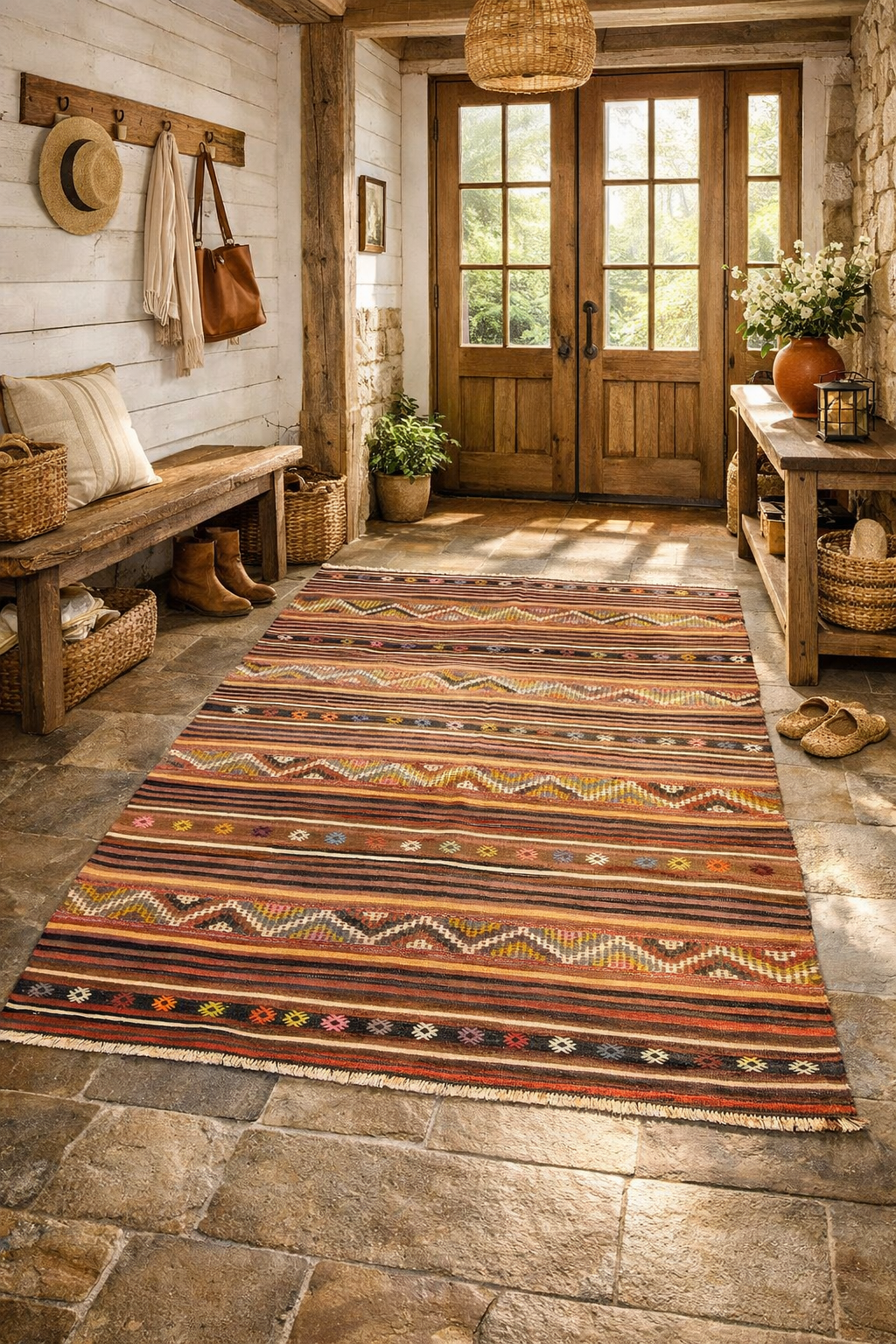 Kilim Cicim traditionnel Manisa Bordeaux-Orange - Ma boutique