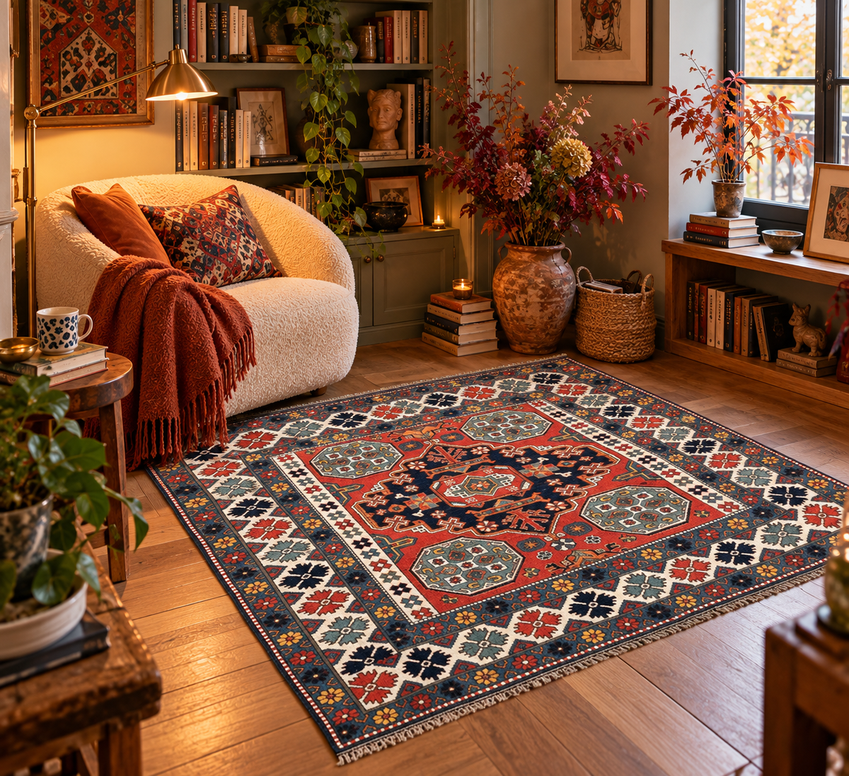 Tapis Caucasien Carré – fait main en laine – 150 x 160 cm